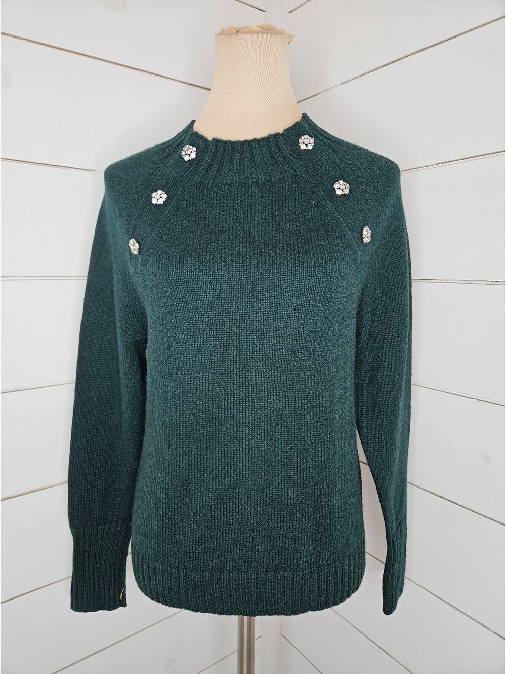J. Crew small green lambs wool sweater with jeweled details at neckline & chest